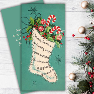 Mid Century Vintage Candy Canes Christmas Stocking Holiday Card