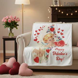 Mid Century Vintage Cupid Be My Love Valentine Fleece Blanket