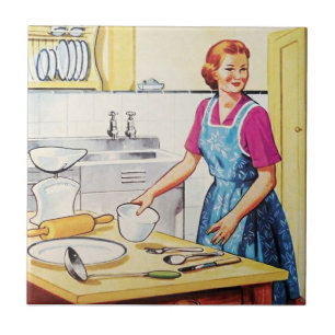 Mid Century Vintage Housewife in Kitchen Baking Ceramic Tile