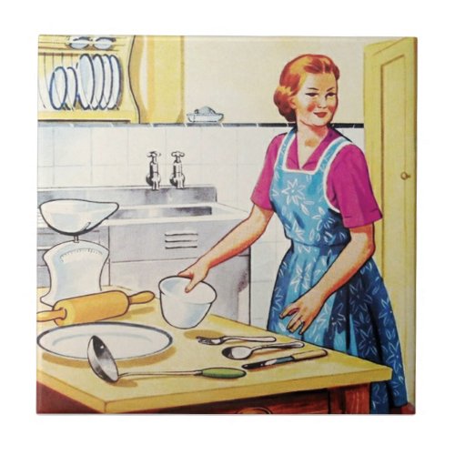 Mid Century Vintage Housewife in Kitchen Baking Ceramic Tile