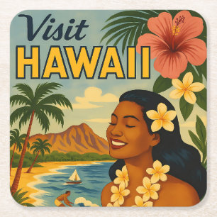 Mid Century Visit Hawaii Tourism Art Square Paper Coaster