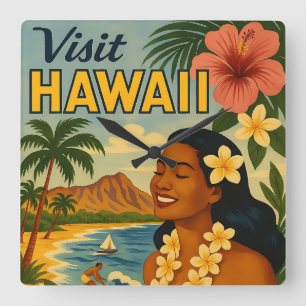 Mid Century Visit Hawaii Tourism Art Square Wall Clock