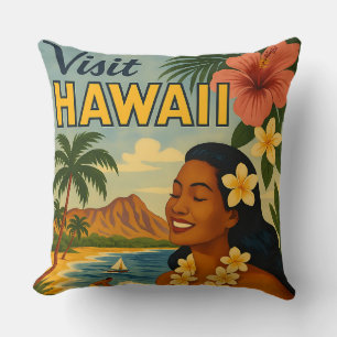 Mid Century Visit Hawaii Tourism Art Throw Pillow