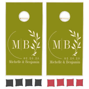 Mid-Century Warm Olive Leaf Wedding Monogram Cornhole Set