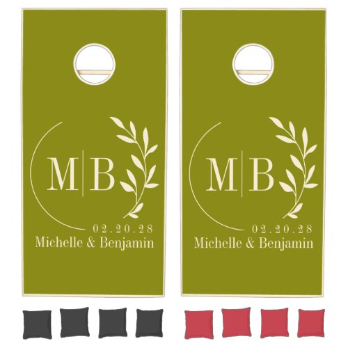 Mid-Century Warm Olive Leaf Wedding Monogram Cornhole Set
