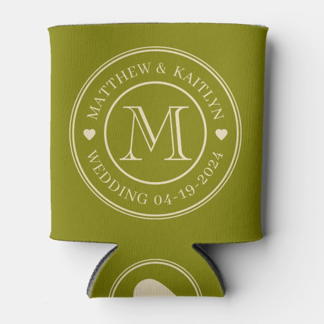 Mid-Century Warm Olive Wedding Monogram Heart Can Cooler (Front)