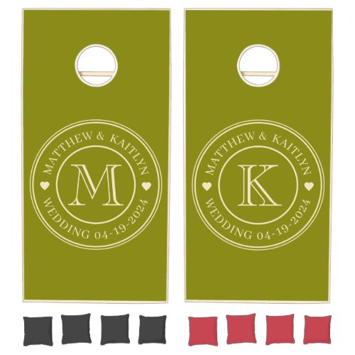 Mid-Century Warm Olive Wedding Monogram Heart Cornhole Set