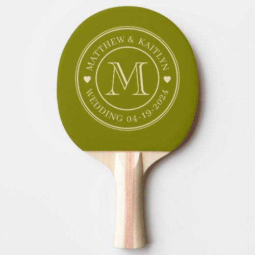 Mid-Century Warm Olive Wedding Monogram Heart Ping Pong Paddle
