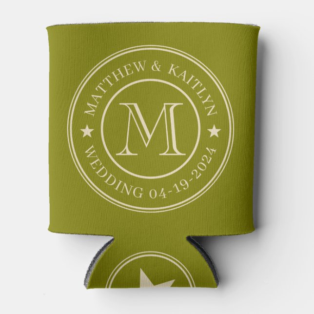 Mid-Century Warm Olive Wedding Monogram Star Can Cooler (Front)