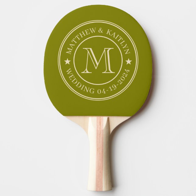 Mid-Century Warm Olive Wedding Monogram Star Ping Pong Paddle (Front)