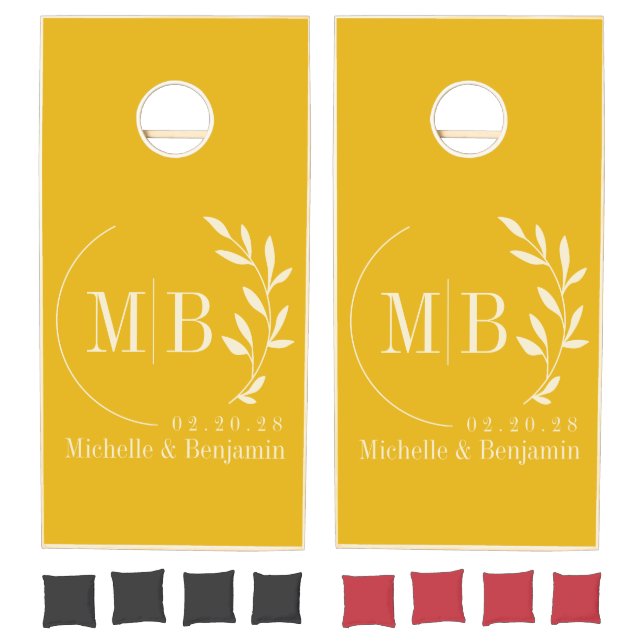Mid-Century Warm Sunflower Leaf Wedding Monogram Cornhole Set (Set)
