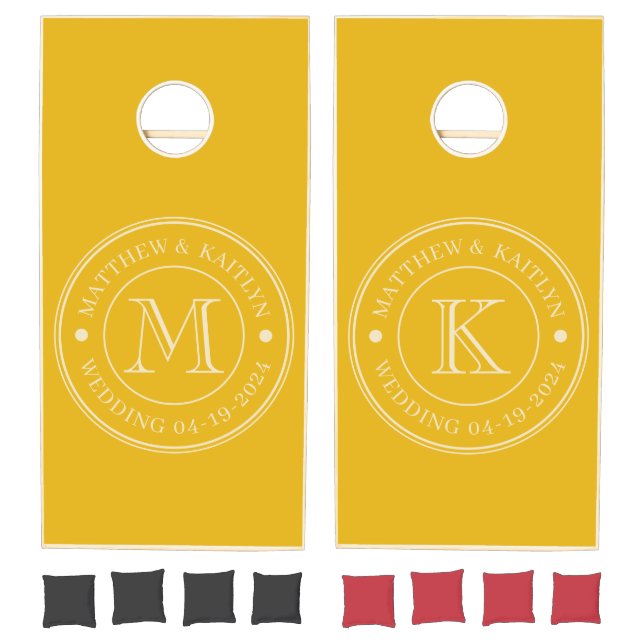Mid-Century Warm Sunflower Wedding Monogram Cornhole Set (Set)