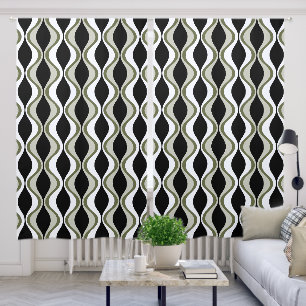 Mid Century Wavy Pattern - Black Olive White Blackout Curtains