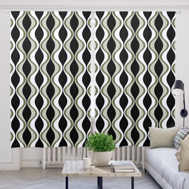 Mid Century Wavy Pattern - Black Olive White Blackout Curtains (Living Room)