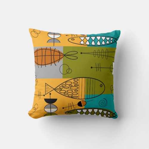 Mid_Century Whimsical Fish Art II Throw Pillow