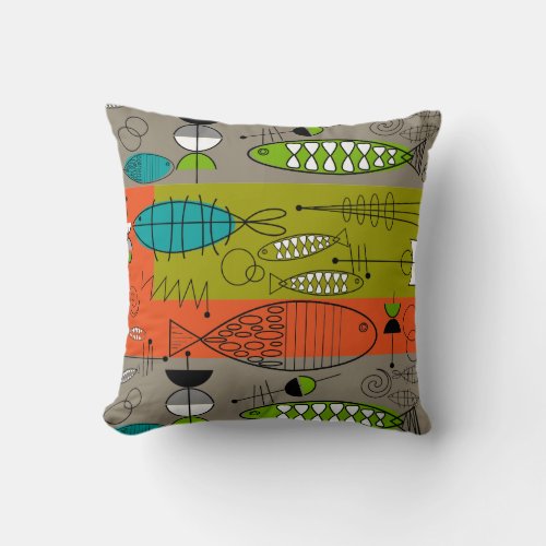 Mid_Century Whimsical Fish Art Teal Brown Orange Throw Pillow