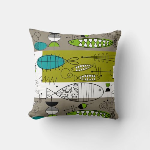 Mid_Century Whimsical Fish Art Teal Lime Throw Pillow