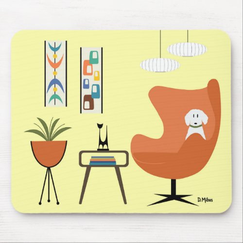 Mid Century White Dog in Orange Chair Mouse Pad