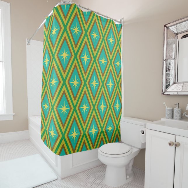 Mid Century Yellow Stars on Harlequin Diamonds  Shower Curtain (In Situ)
