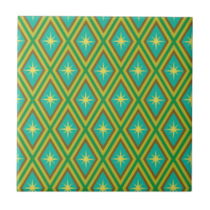 Mid Century Yellow Stars on Retro diamonds Pattern Ceramic Tile
