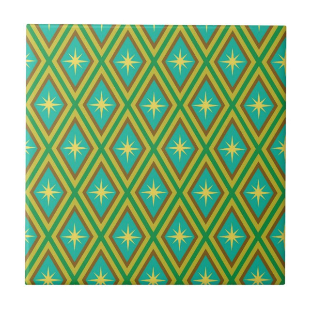 Mid Century Yellow Stars on Retro diamonds Pattern Ceramic Tile (Front)