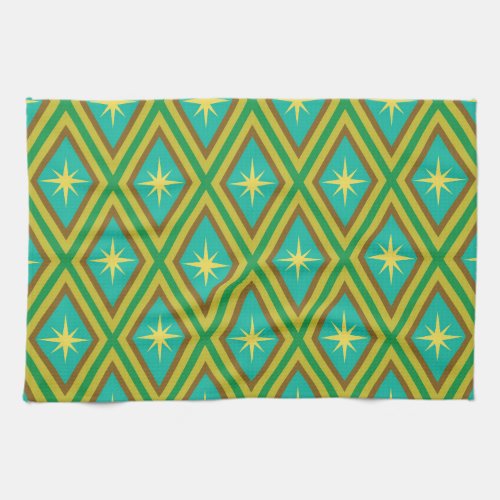 Mid Century Yellow Stars on Retro diamonds Pattern Kitchen Towel