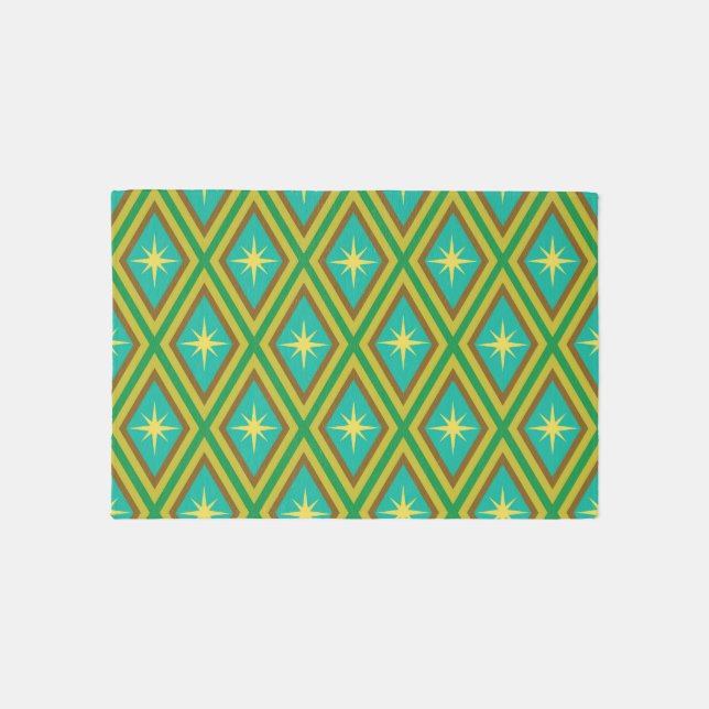 Mid Century Yellow Stars on Retro diamonds Pattern Rug (Front)