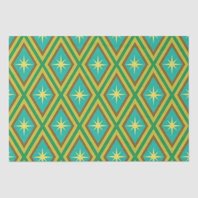Mid Century Yellow Stars on Retro diamonds Pattern Tissue Paper (Front)