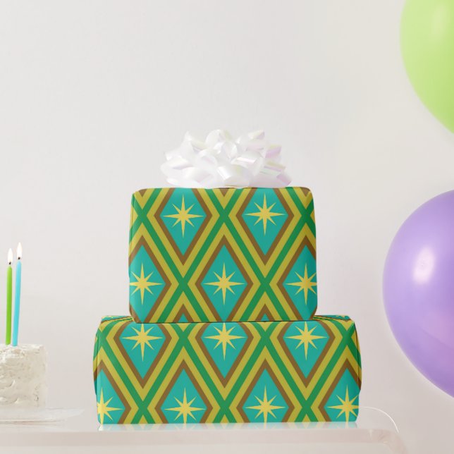Mid Century Yellow Stars on Retro diamonds Pattern Wrapping Paper (Party Gifts)