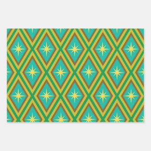 Mid Century Yellow Stars on Retro diamonds Pattern Wrapping Paper Sheets