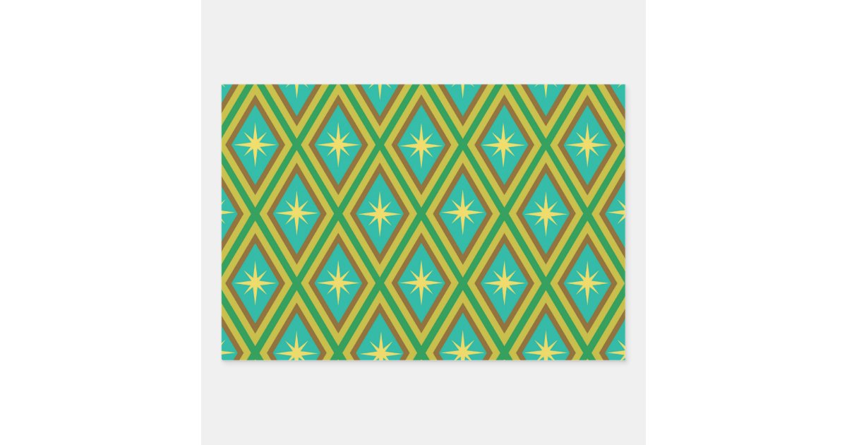 Mid Century Yellow Stars on Retro diamonds Pattern Wrapping Paper ...