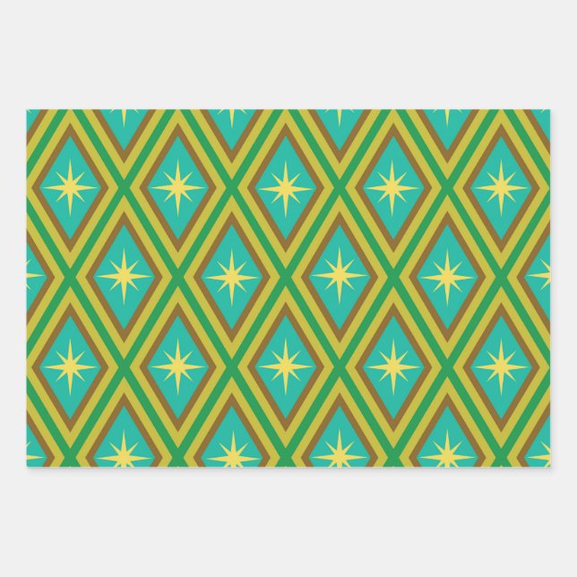 Mid Century Yellow Stars on Retro diamonds Pattern Wrapping Paper Sheets (Front)