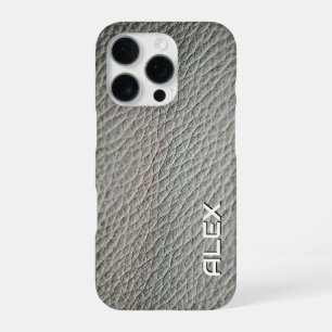 Mid Gray Leather Texture – Realistic Neutral Patte iPhone 16 Pro Case