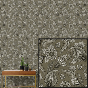 Mid Light Dark Brown Tan Floral Paisley Elegant Wallpaper