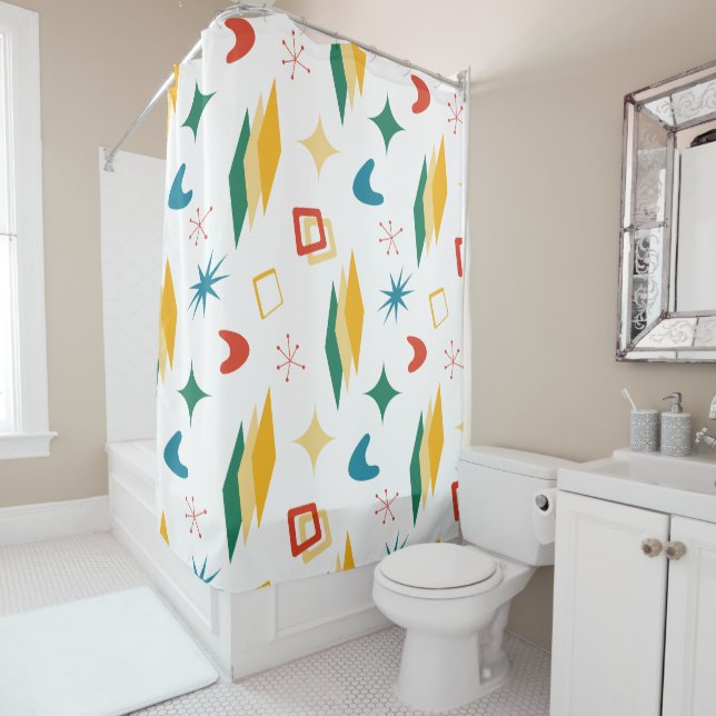 Mid Mod Atomic Mid-Century Modern Shapes Retro Shower Curtain (In Situ)