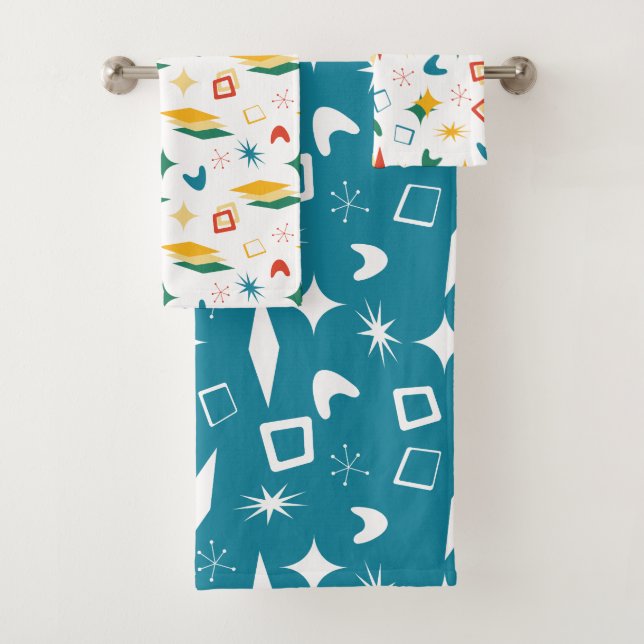 Mid Mod Atomic, Retro Mid-Century Modern Shapes Bath Towel Set (Insitu)