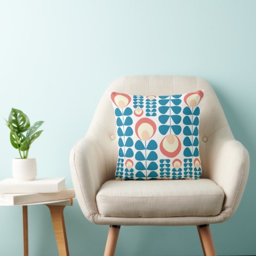Mid Mod Flowers Pattern in Blue Coral Yellow Throw Pillow