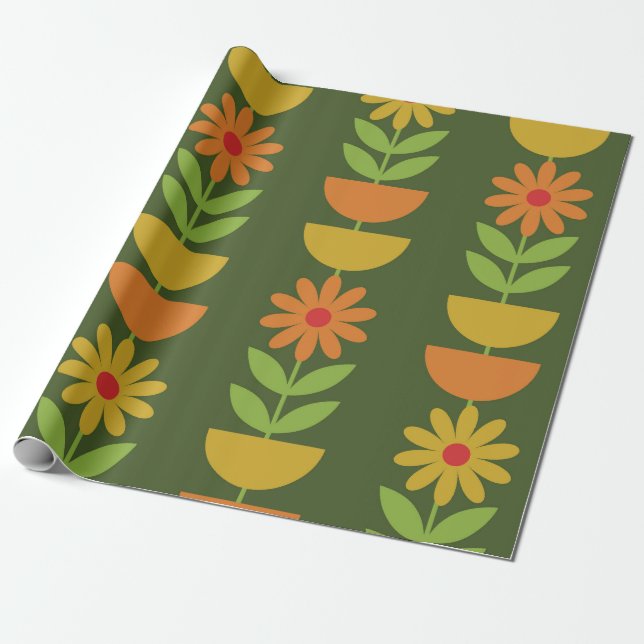 Mid Mod Flowers with geometric half circles  Wrapping Paper (Unrolled)