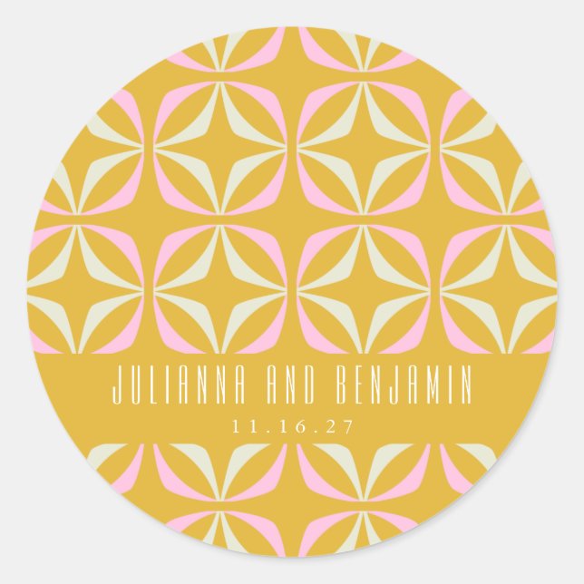 Mid Mod Geometric Yellow Pink Custom Wedding  Classic Round Sticker (Front)