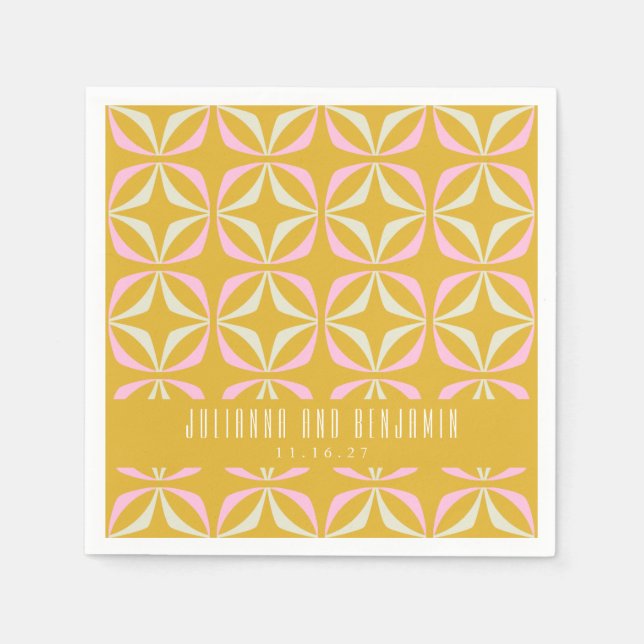 Mid Mod Geometric Yellow Pink Custom Wedding Napkins (Front)