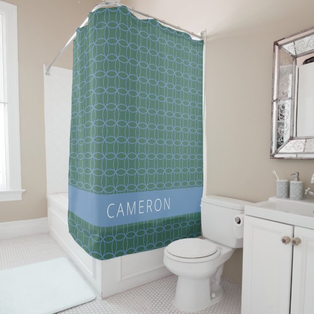 Mid Mod Line Art Pattern Green Blue Personalized  Shower Curtain (In Situ)