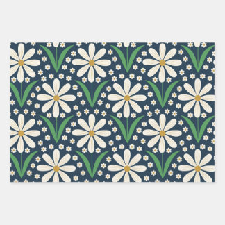 Mid Mod Retro White Daisies Pattern on Dark blue Wrapping Paper Sheets