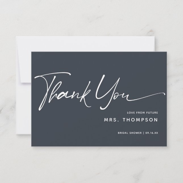 Mid-Night Blue Minimal Modern Script Bridal Shower Thank You Card (Front)