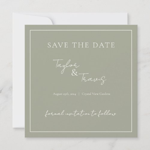 Mid_Sage Olive Green Wedding Chic Script Save The Date