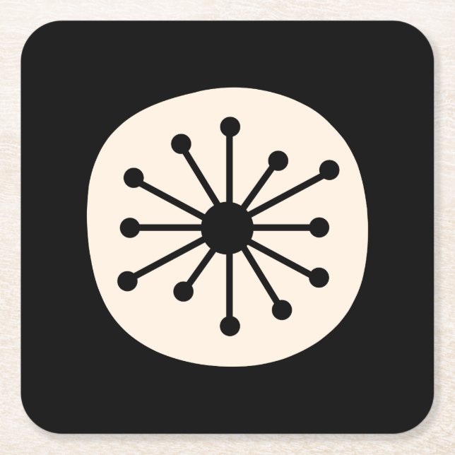 Midcentury Atomic Dot Cute Retro Black and Cream Square Paper Coaster (Front)
