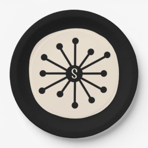 Midcentury Atomic Dot Cute Retro Black Initial Paper Plates