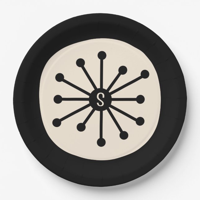 Midcentury Atomic Dot Cute Retro Black Initial Paper Plates (Front)