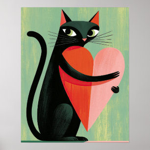 Midcentury Black Cat Heart Sage Green Poster