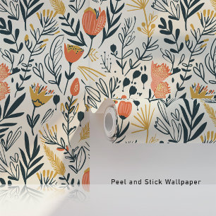 Midcentury Boho Floral Coral Mustard Teal Wallpaper