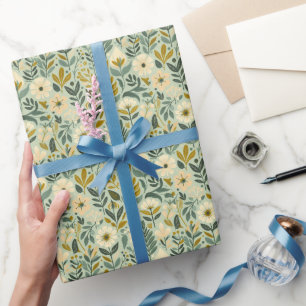 Midcentury Boho Floral Wildflowers Flowers Blue Wrapping Paper